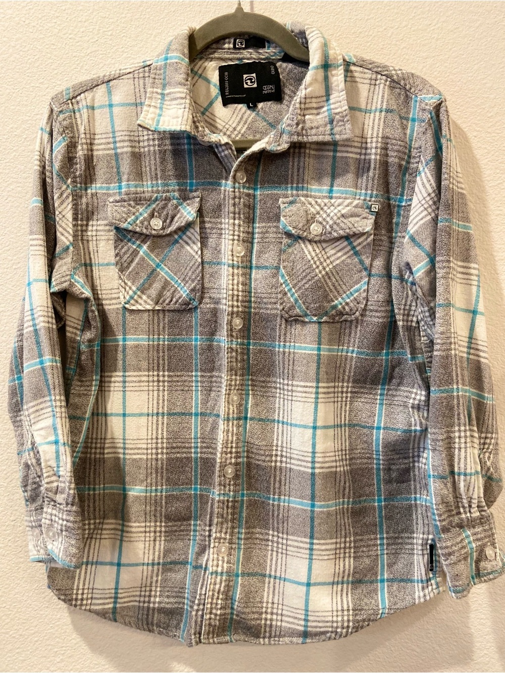 Ocean Current Boy’s FlanneGray and Teal Plaid Button-Up Long Sleeve Shirt